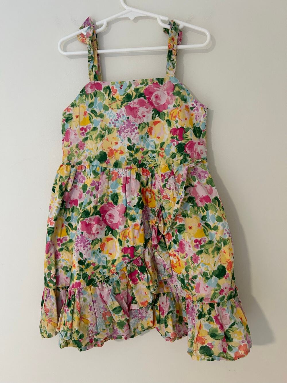 Janie and Jack 6 100% Cotton Yellow Pink Green Floral Ruffle Front EUC Dress